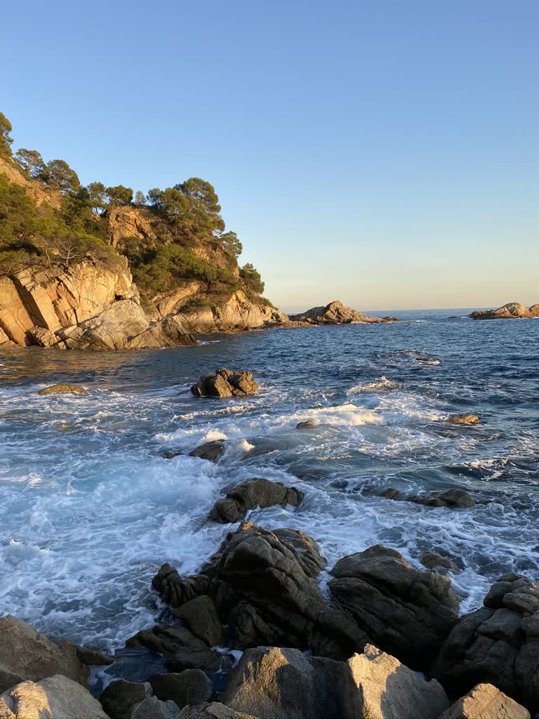 岩石海岸旁边有一大片水域