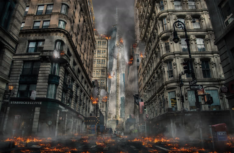 市内有很多建筑物着火了