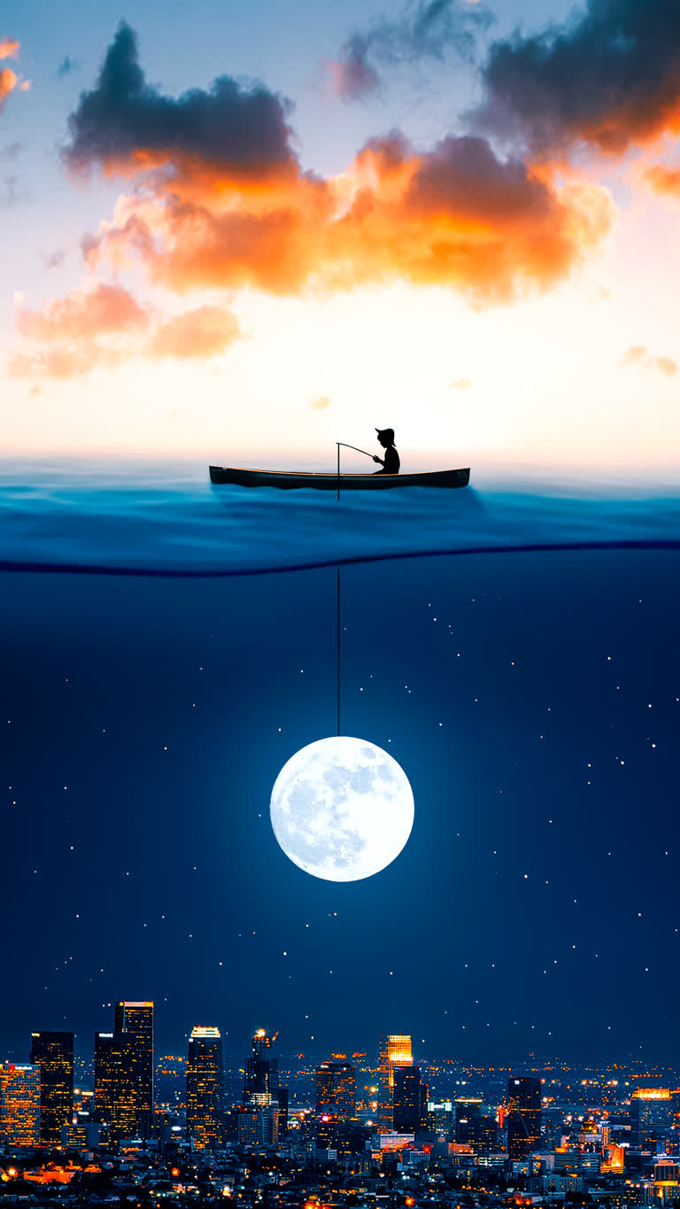 有一个男人在船上漂浮在满月的海洋中