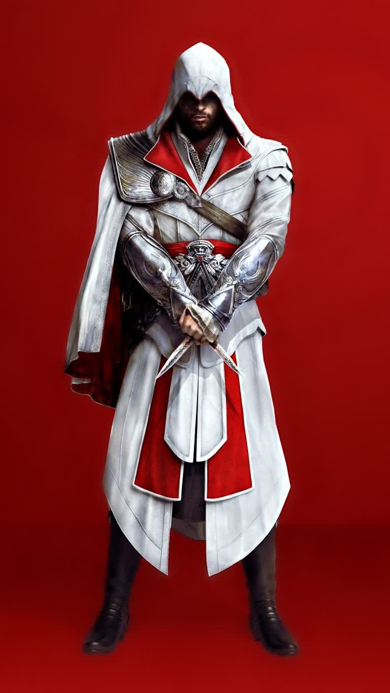 有一个身着银红相间的衣服,手持剑的男人