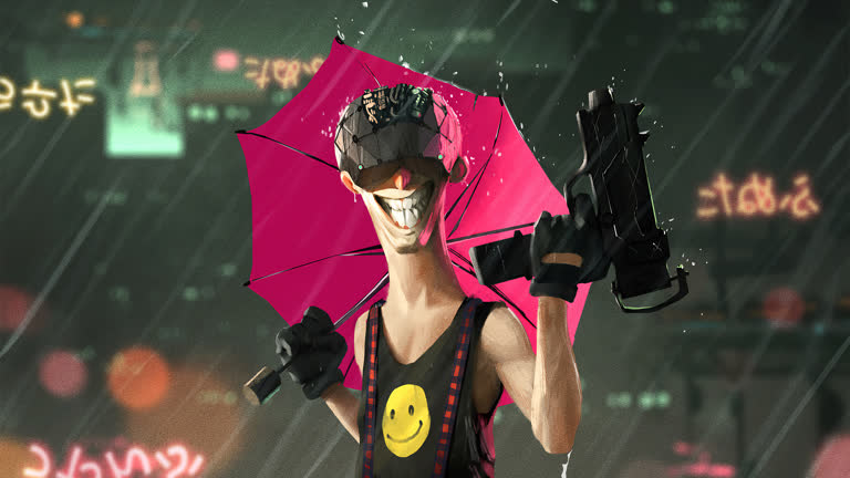 有一个男人在雨中撑着一把粉红色的雨伞