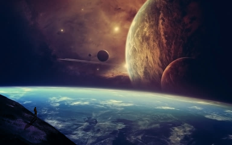 有一个人站在悬崖边上看行星