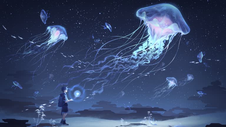 有一个男人站在一幅水母画前
