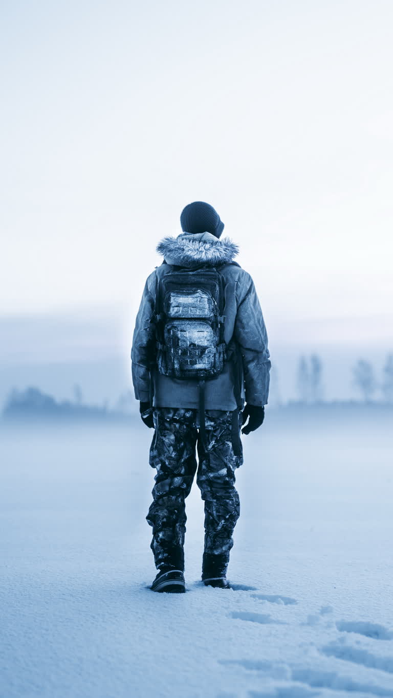 有一个男人背着背包站在雪地里