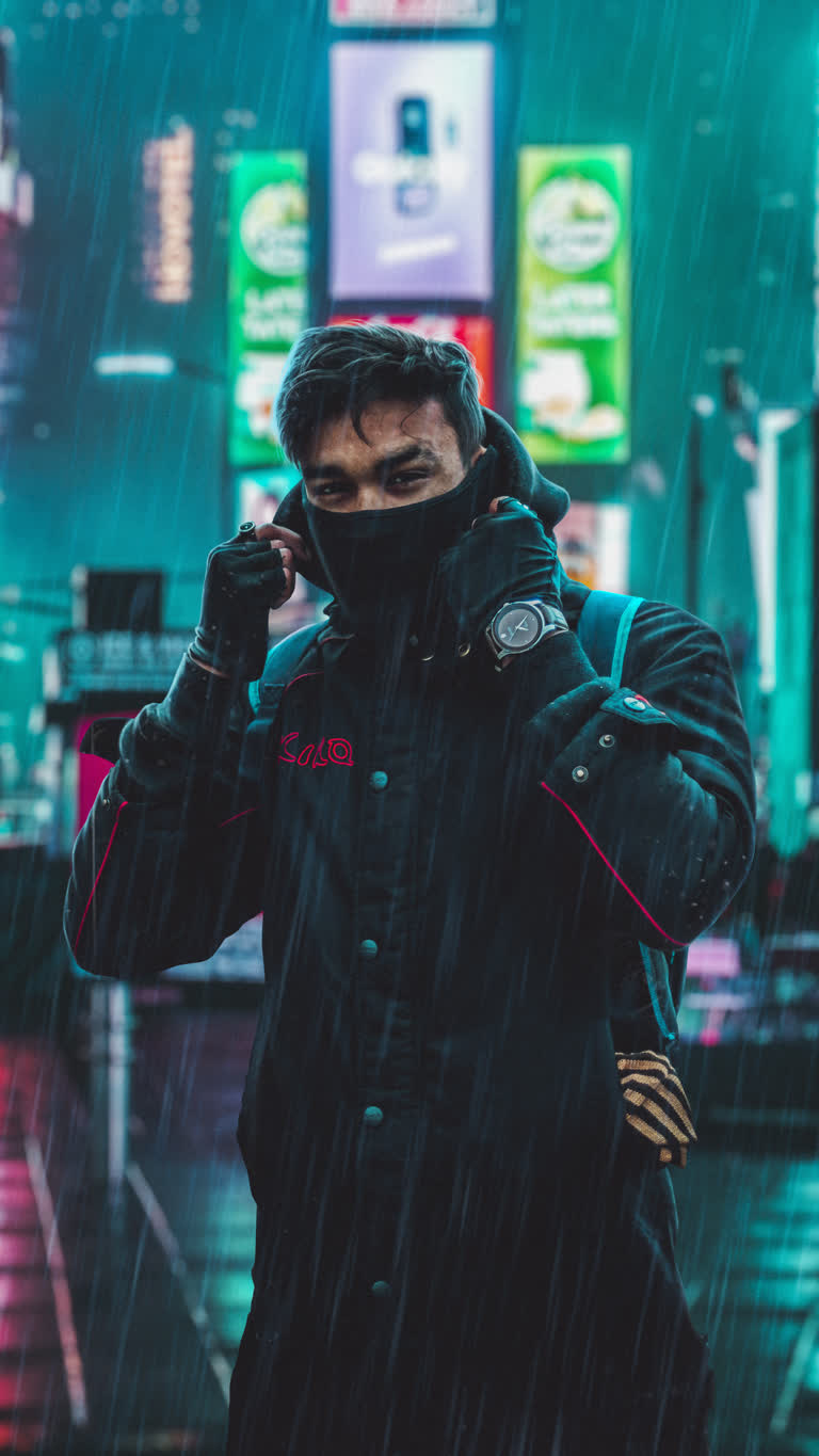 有一个男人在雨中打电话