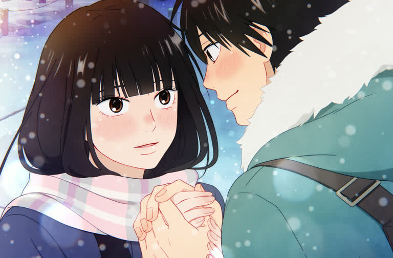 雪地里有一男一女手牵手