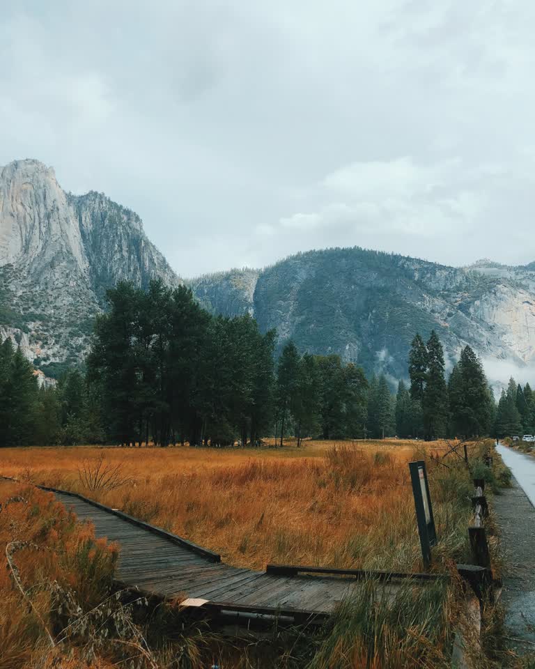 远处的山脉,前景是木板路