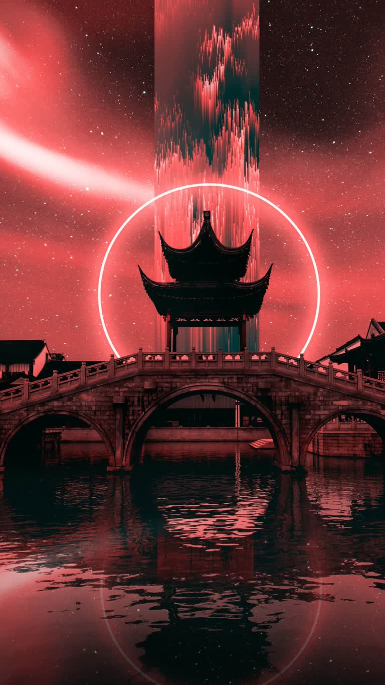 水体上的桥梁的夜景,背景是一座建筑物
