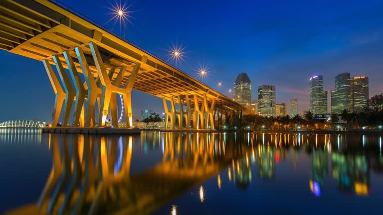 水体上的桥梁的夜景,背景是一座城市