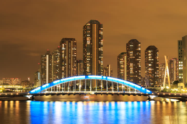 城市前水域桥梁的夜景