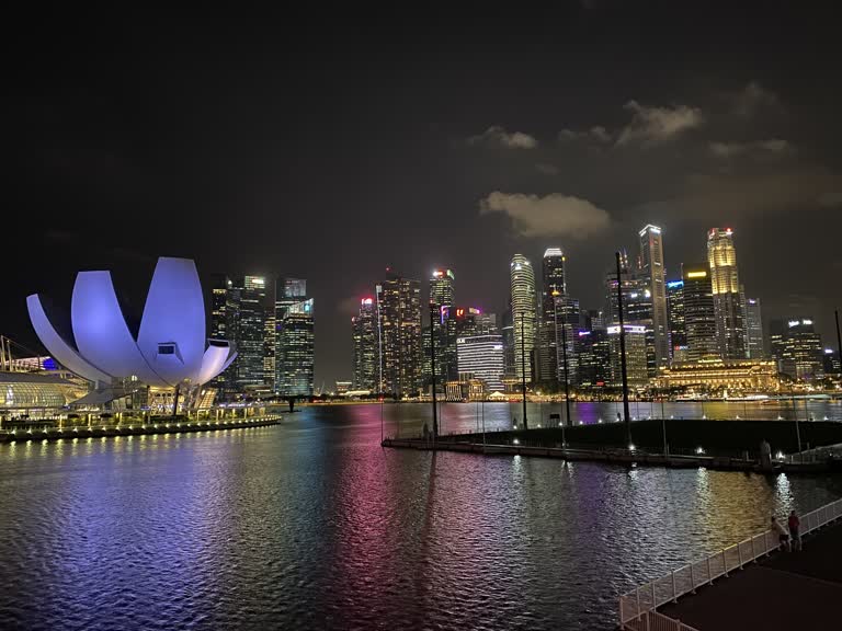 城市天际线的夜景,前景是水域