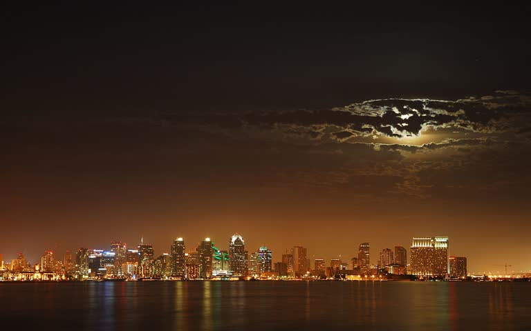 城市天际线的夜景,天空中有一轮满月