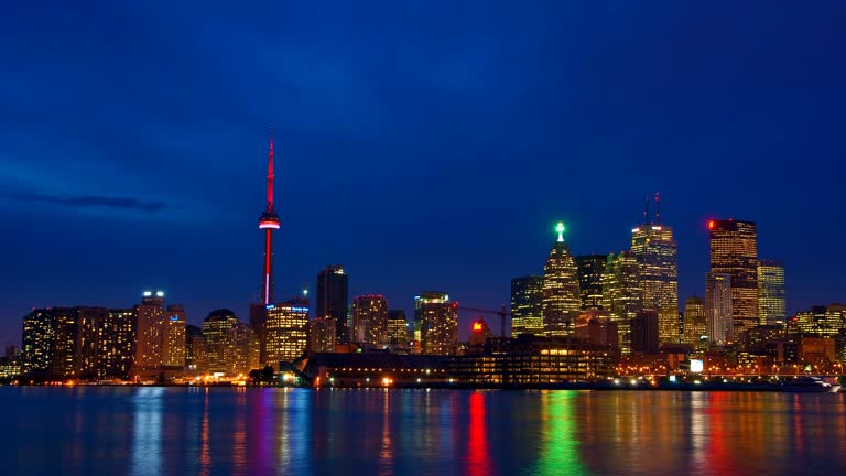 城市天际线的夜景,前景是湖泊