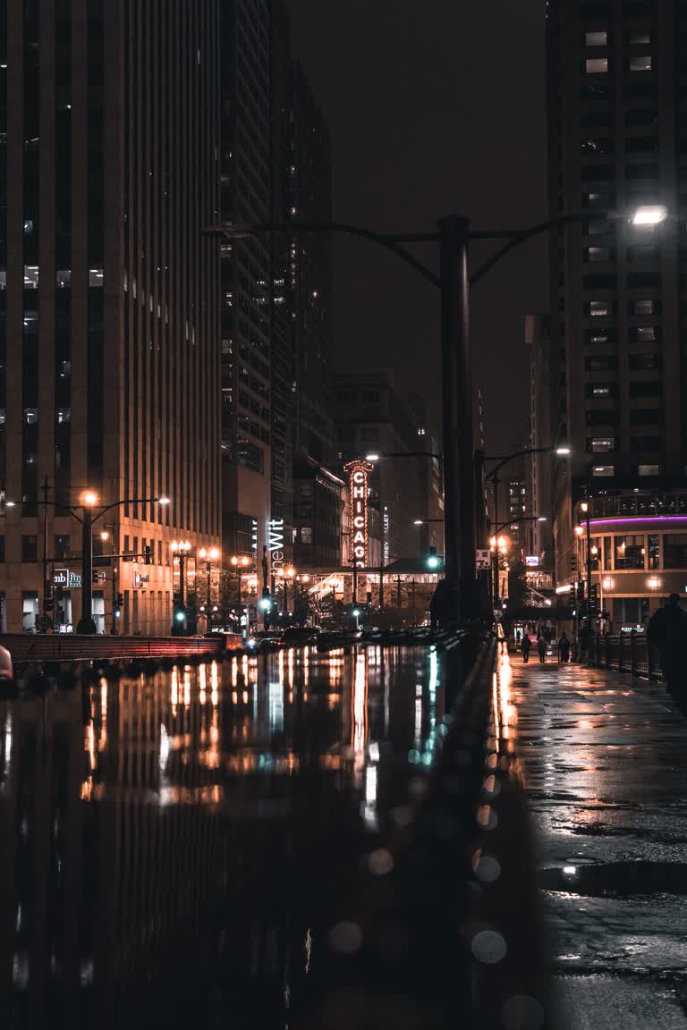 城市街道的夜景,有汽车和在雨中行走的人