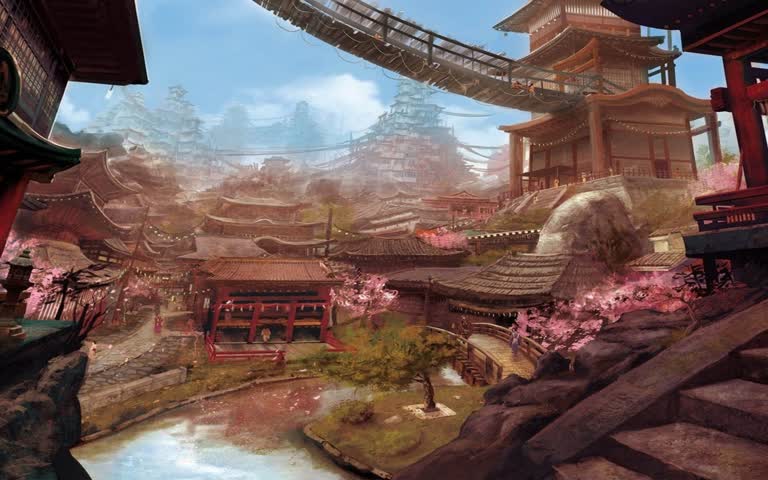 有一幅画,画的是河上的一座桥和一座建筑物