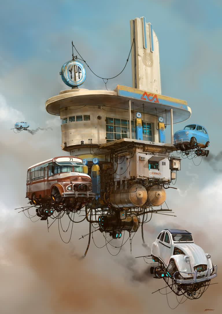 有一幅公交车和汽车在天空中飞翔的画作