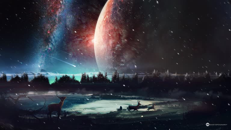 有一幅雪地里的鹿,后面有一颗行星