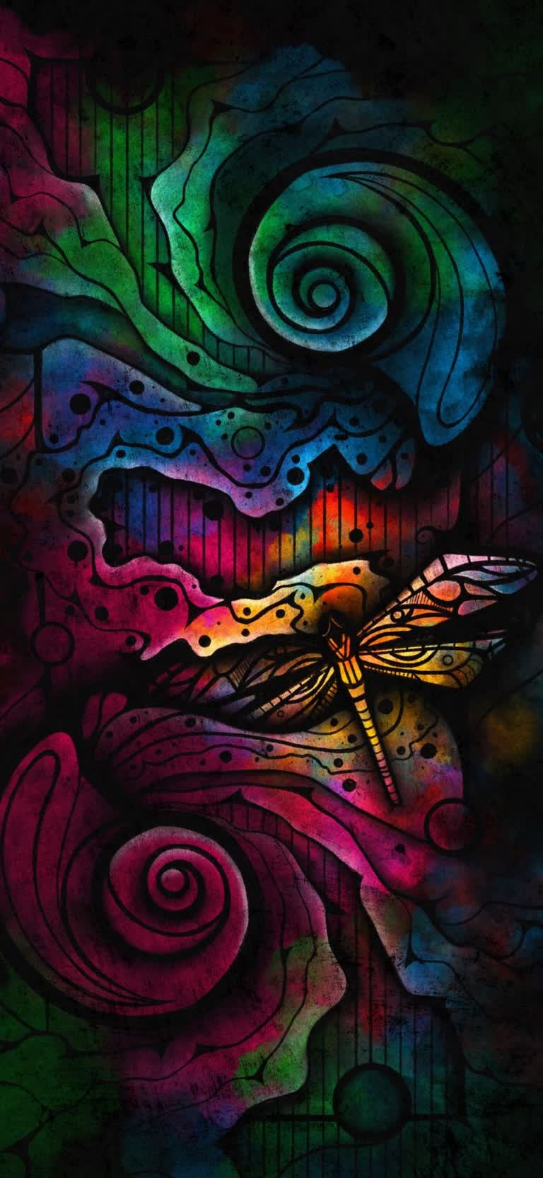在彩色背景上画一只蜻蜓,有漩涡