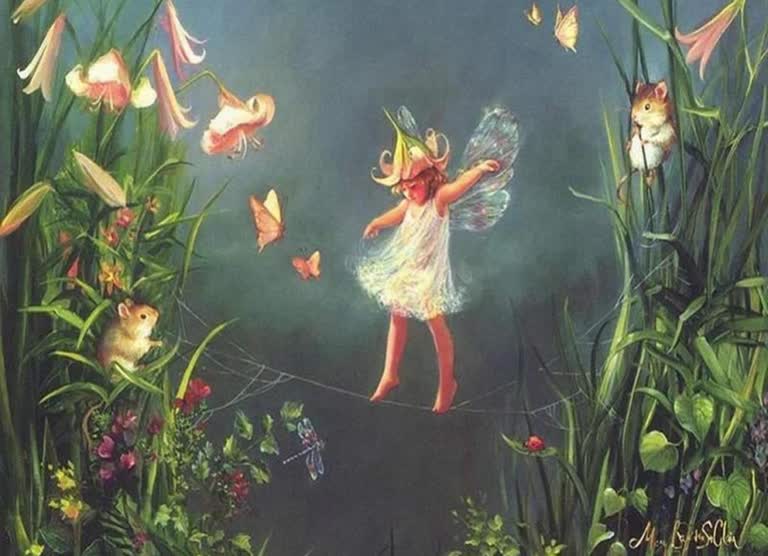 有一幅小仙女在空中飞翔的画作