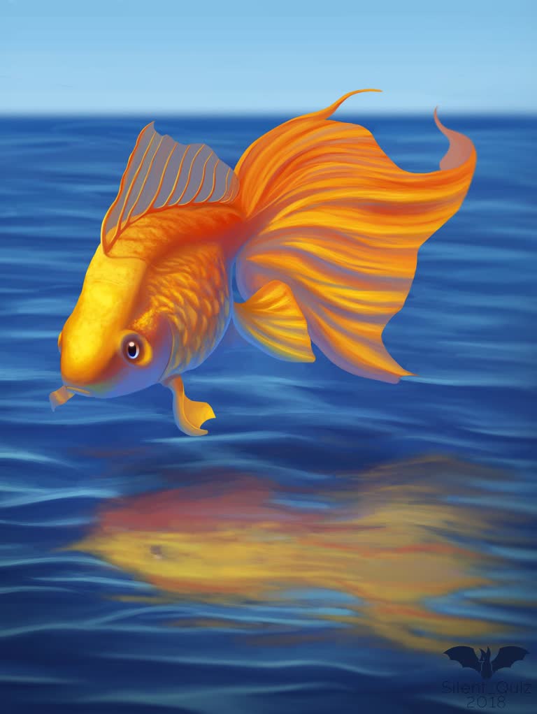 有一幅金鱼在海里游动的画作