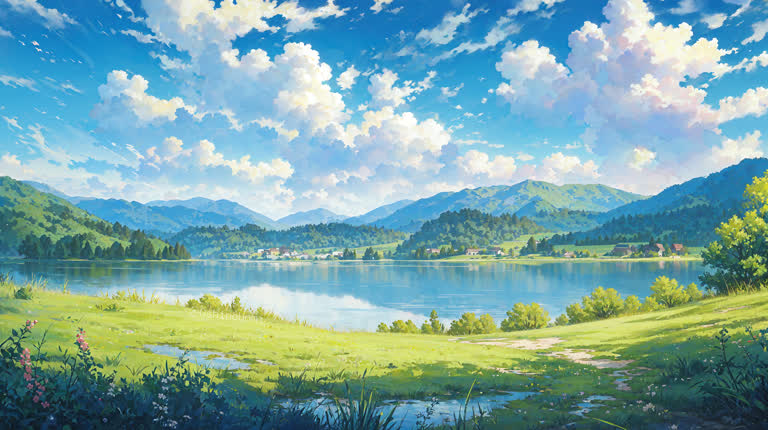 有一幅湖泊的画作,背景是山