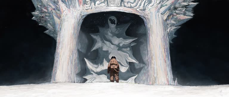 有一幅画,画的是一个男人骑着滑雪板下山