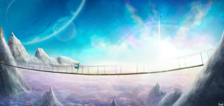 天空中有一幅男人在吊桥上的画