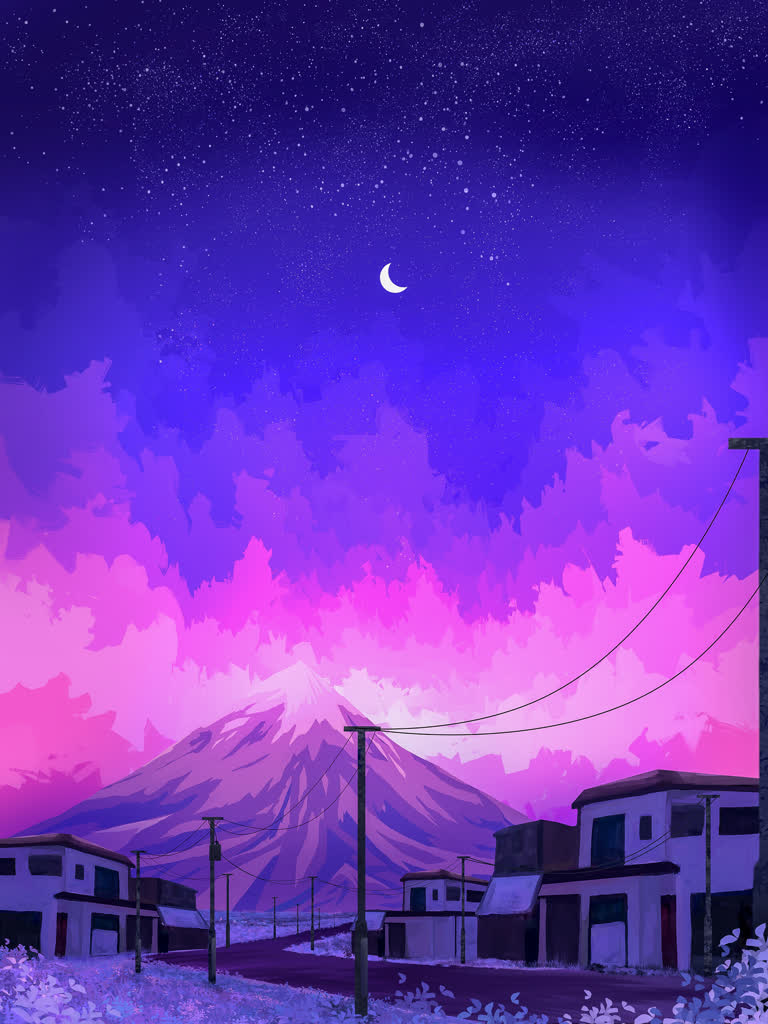 有一幅紫色的天空,背景是一座山