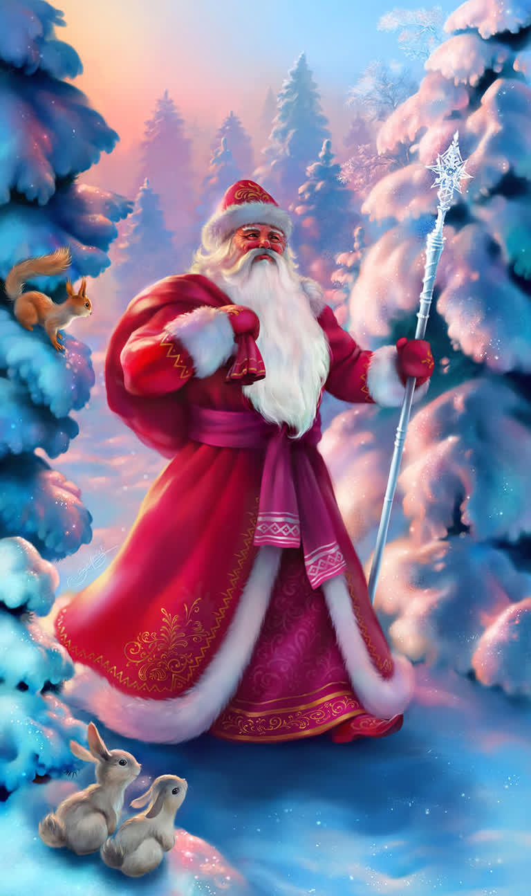 有一幅圣诞老人在雪地里拿着一根棍子的画