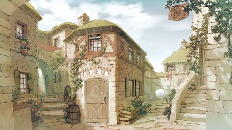 有一幅街景画,有建筑物和楼梯