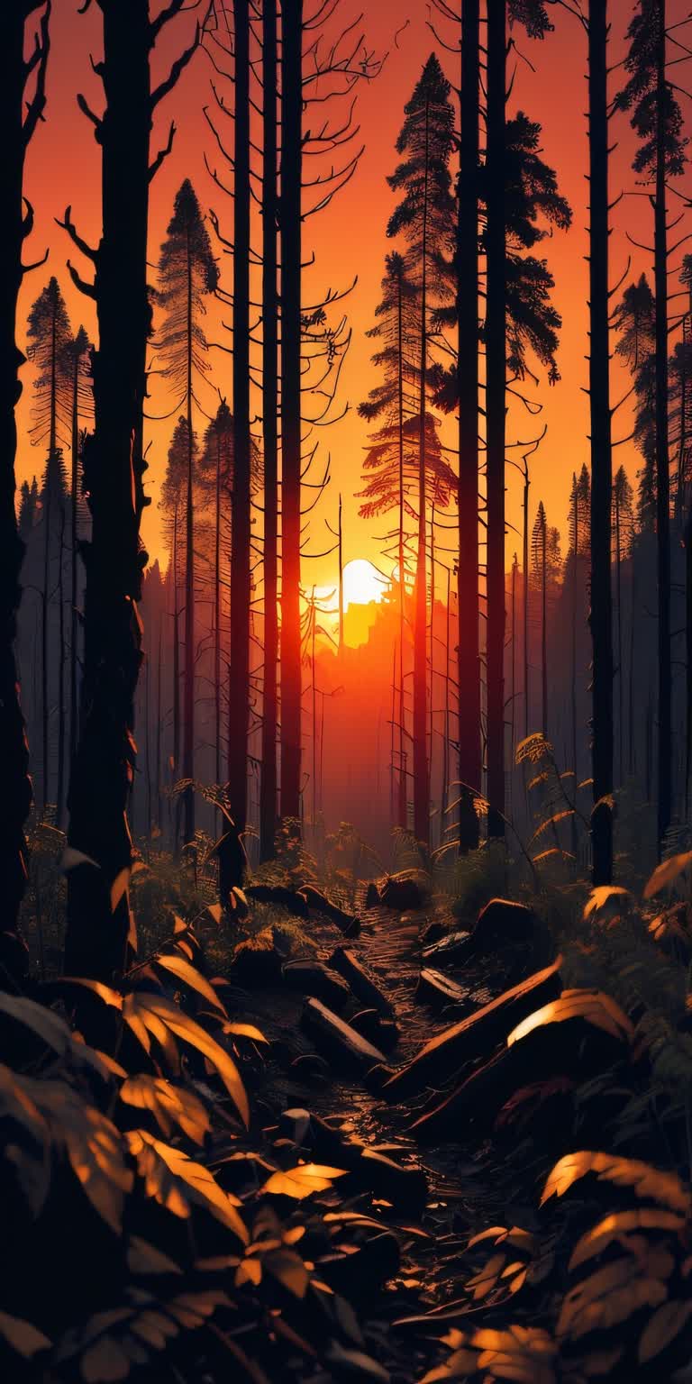 在有岩石和树木的森林中画日落