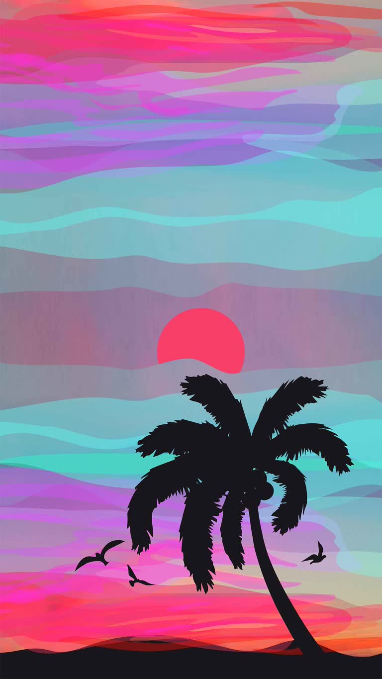 画日落,前景是棕榈树和鸟类