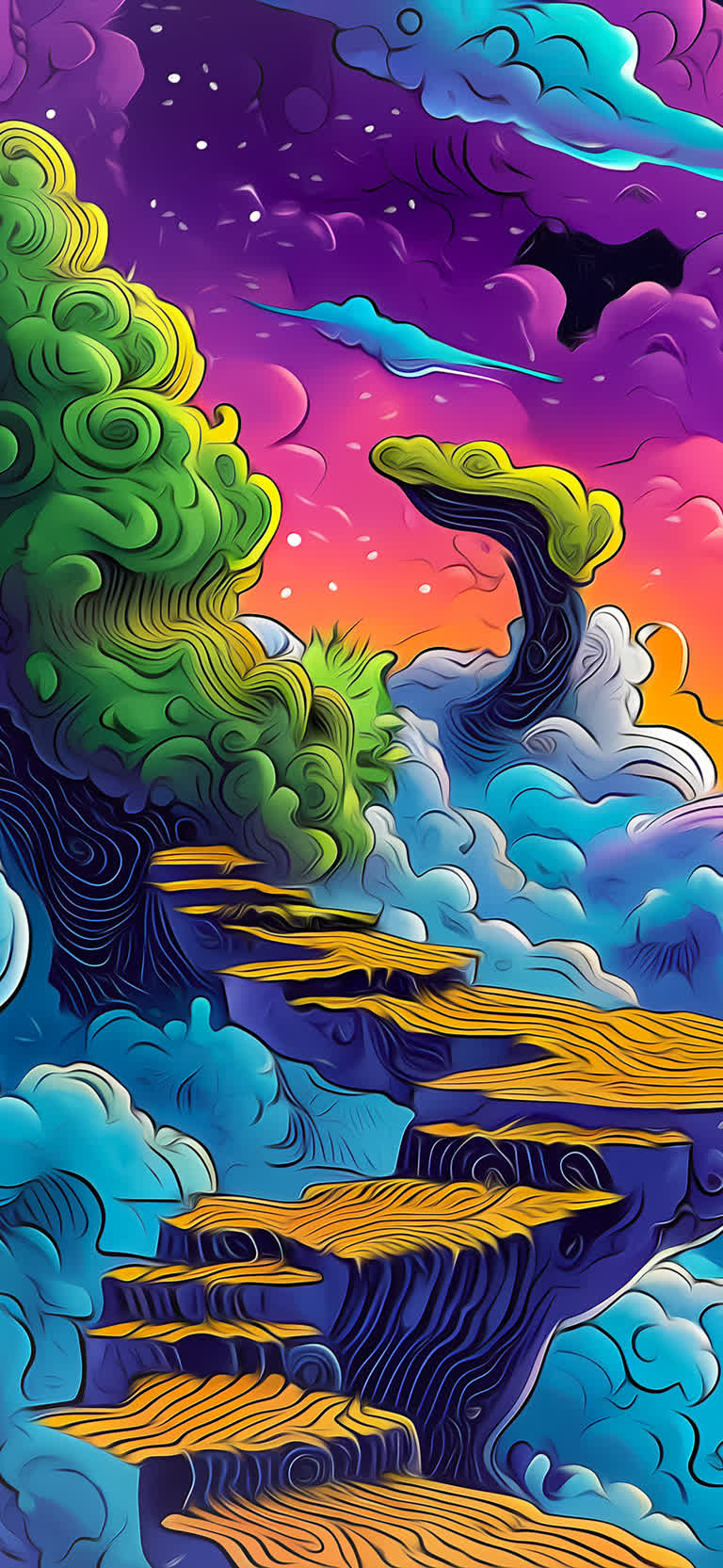 天空中有一棵树和一座桥的画