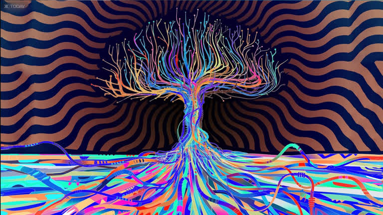 有一幅画是一棵树,上面有很多颜色