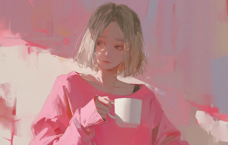 有一幅画,画的是一个女人拿着一杯咖啡