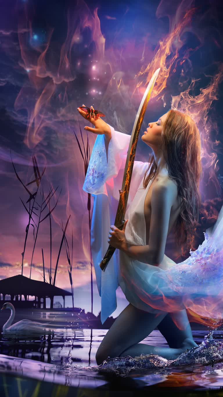画一个女人在水体中拿着剑