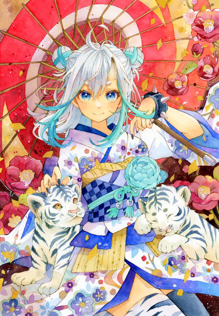 画一个穿着和服的女人拿着红伞和两只白虎