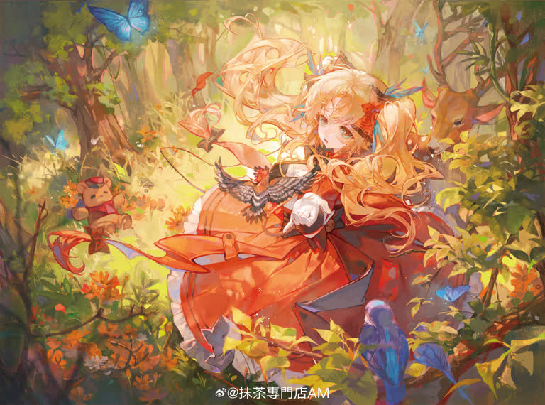 树林里有一幅穿着橙色连衣裙的女人的画
