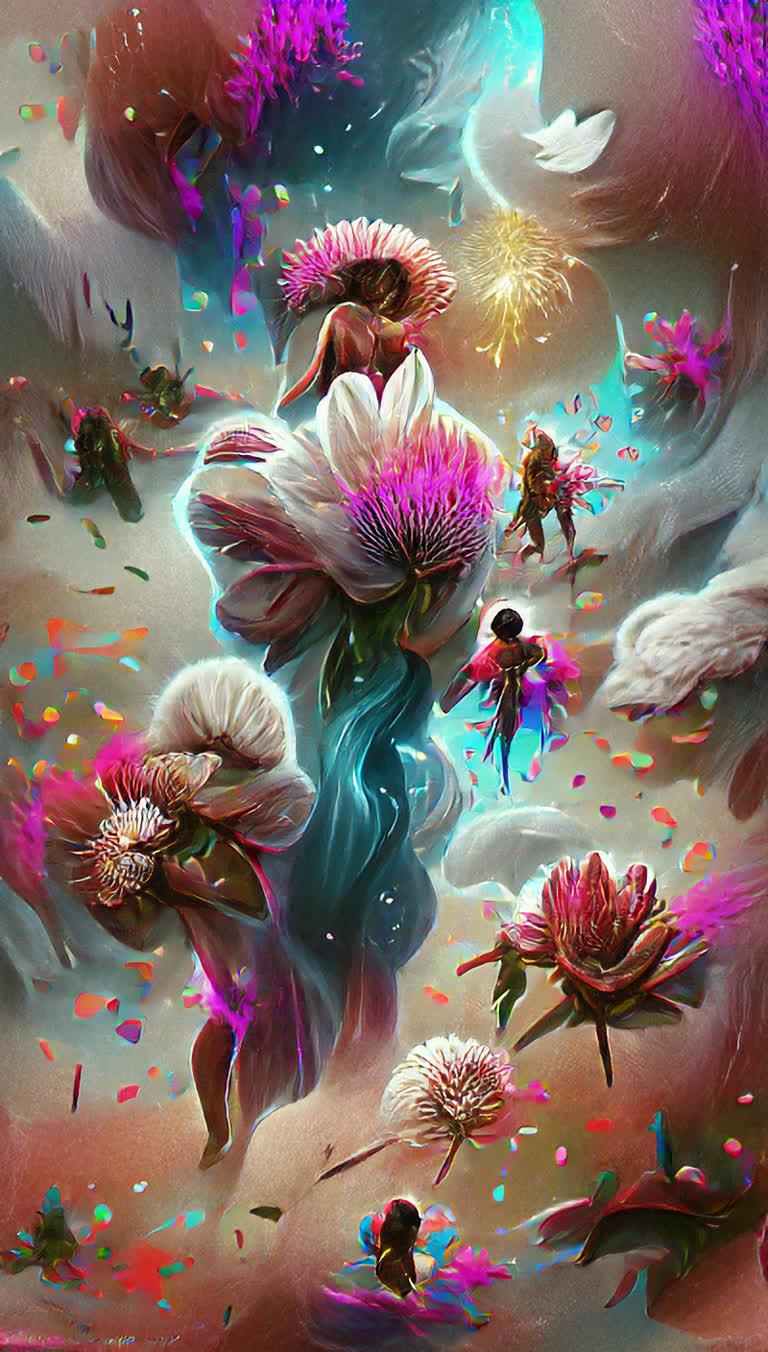 有一幅被花鸟包围的女人的画