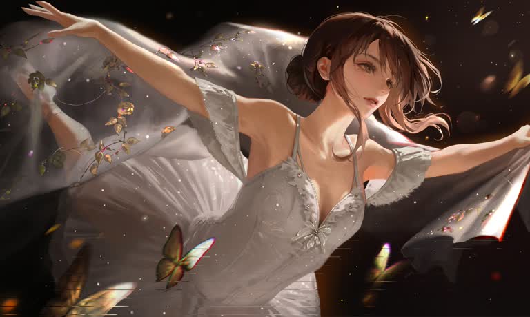 画一个穿着白色连衣裙的女人,蝴蝶在她周围飞舞