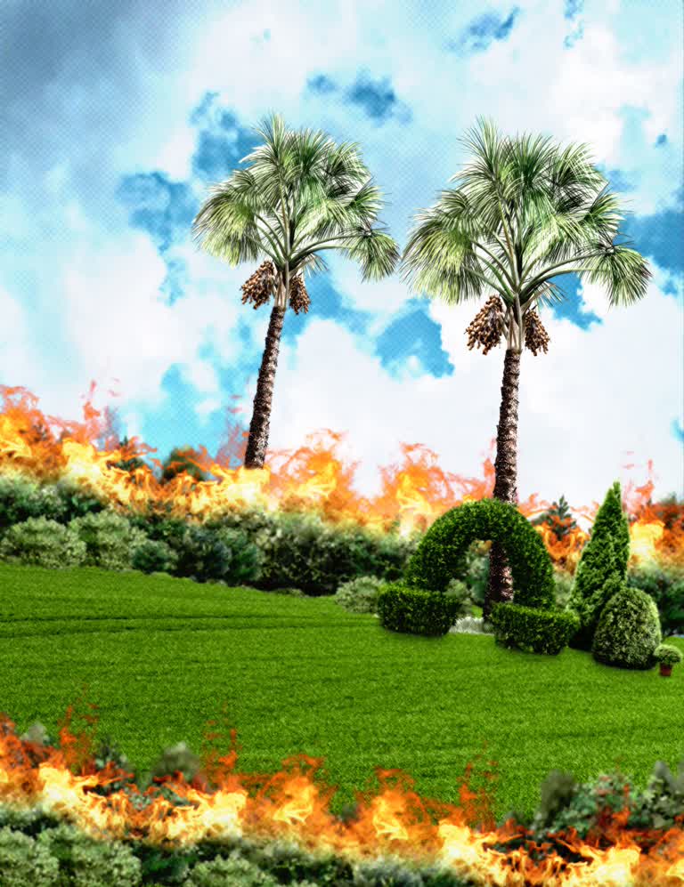 田里有三棵棕榈树着火了