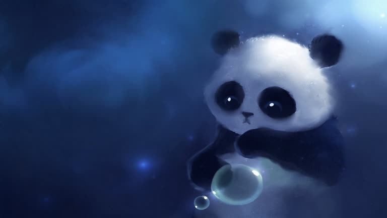 有一只熊猫漂浮在水中,带着气泡