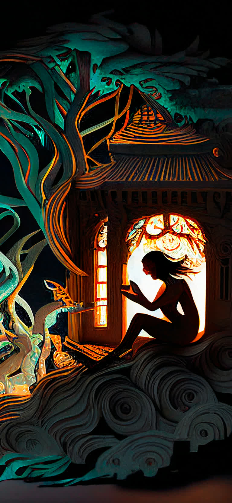 有一张剪纸,描绘了一个女人坐在船上