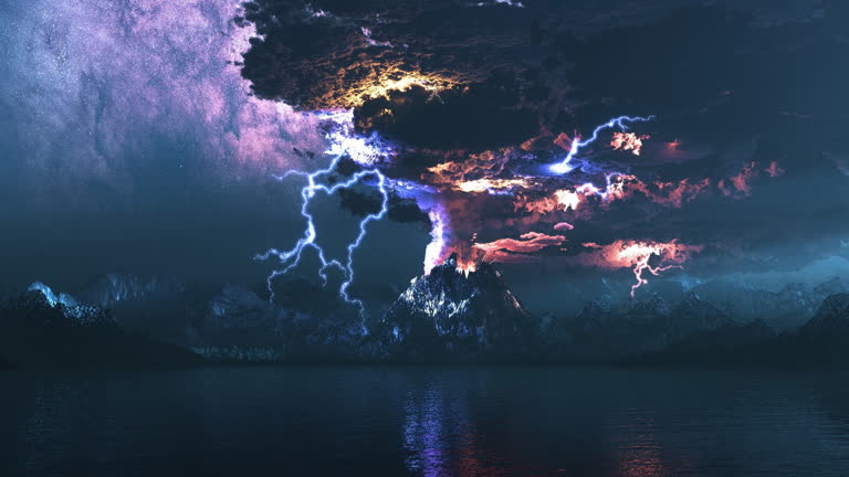 一张湖面上空的闪电暴风雨照片,背景是山脉