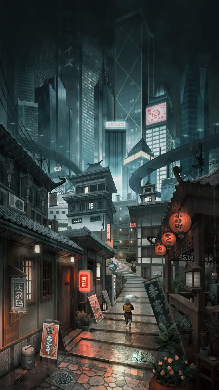 有一张夜晚挂着灯笼的城市街道的图片