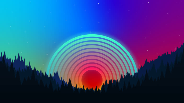 有一张五颜六色的日落照片,背景是树木