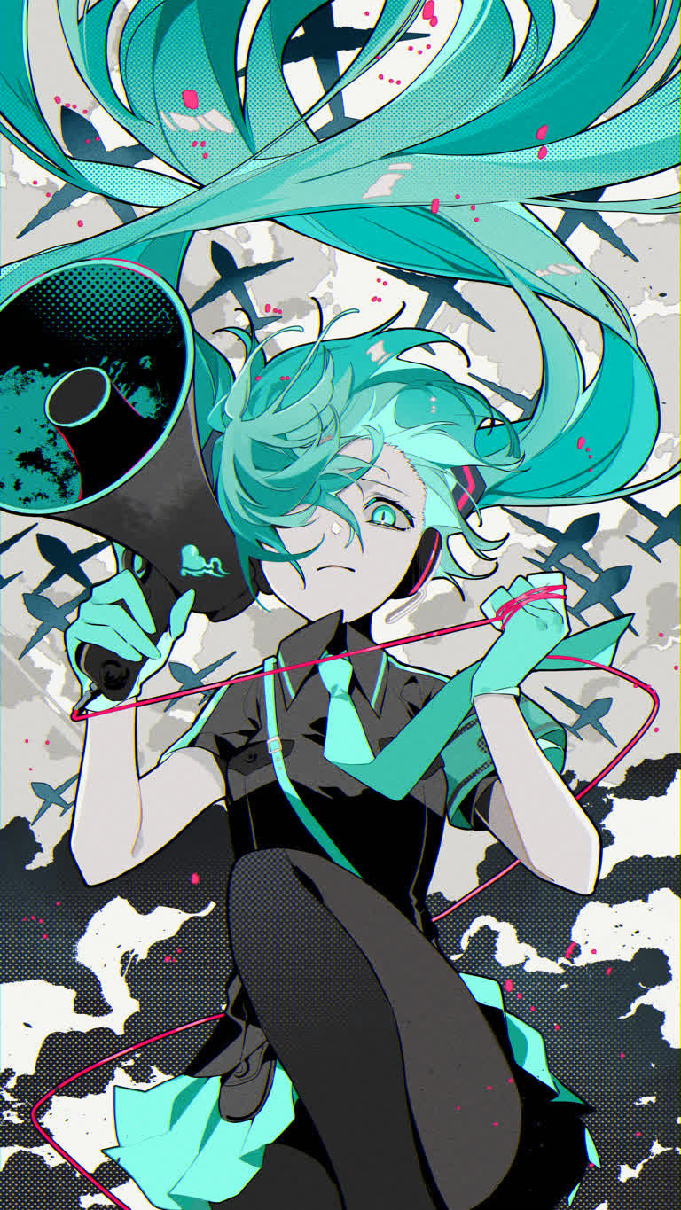 有一张蓝发女孩拿着扩音器的照片