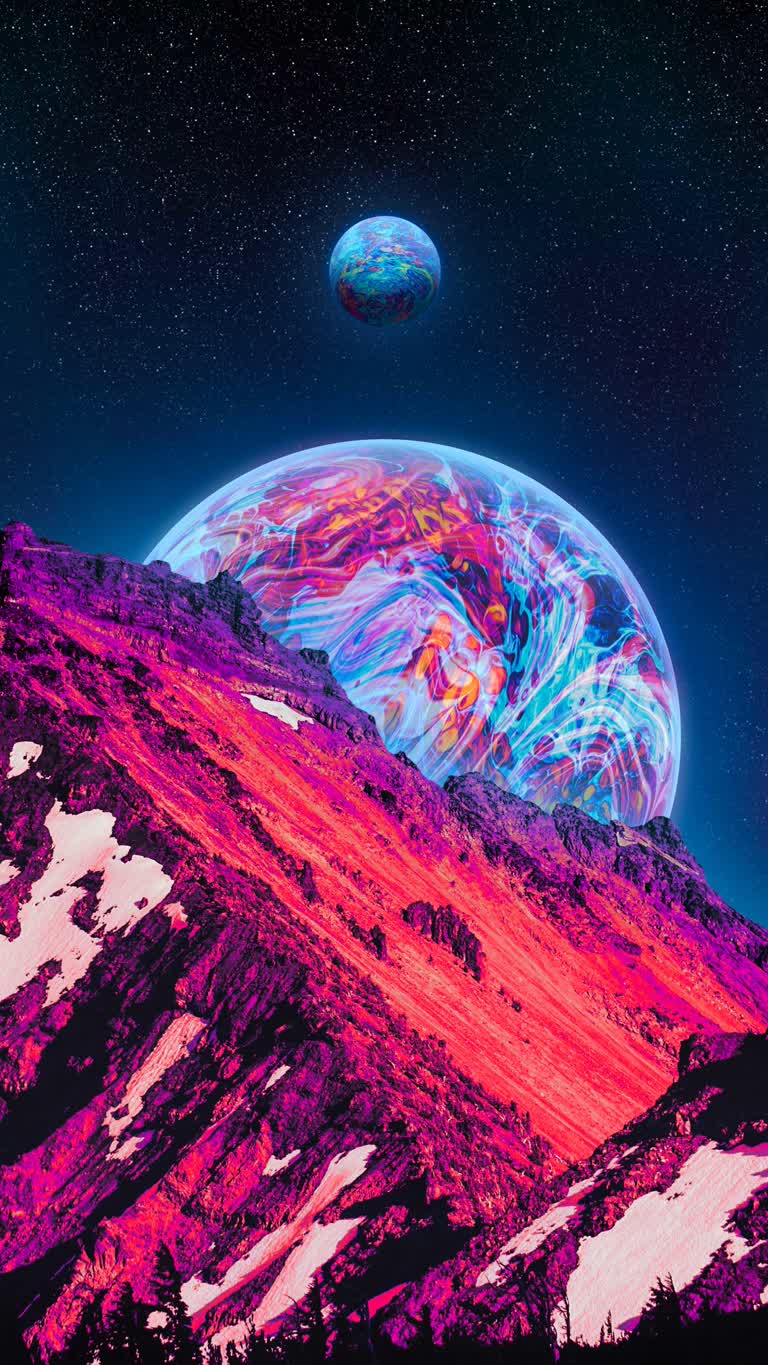 有一张山的图片,背景是一颗行星