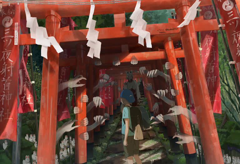 这是一幅站在神社前的人的画