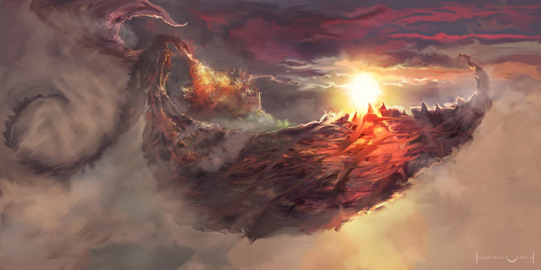 有一张天空中火山的画